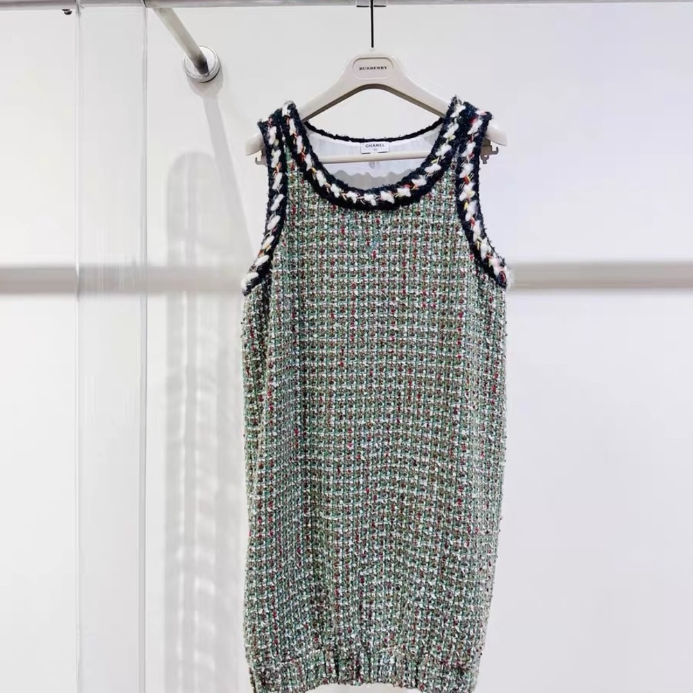 Authentic CHANEL Green and White Tweed Mini Dress